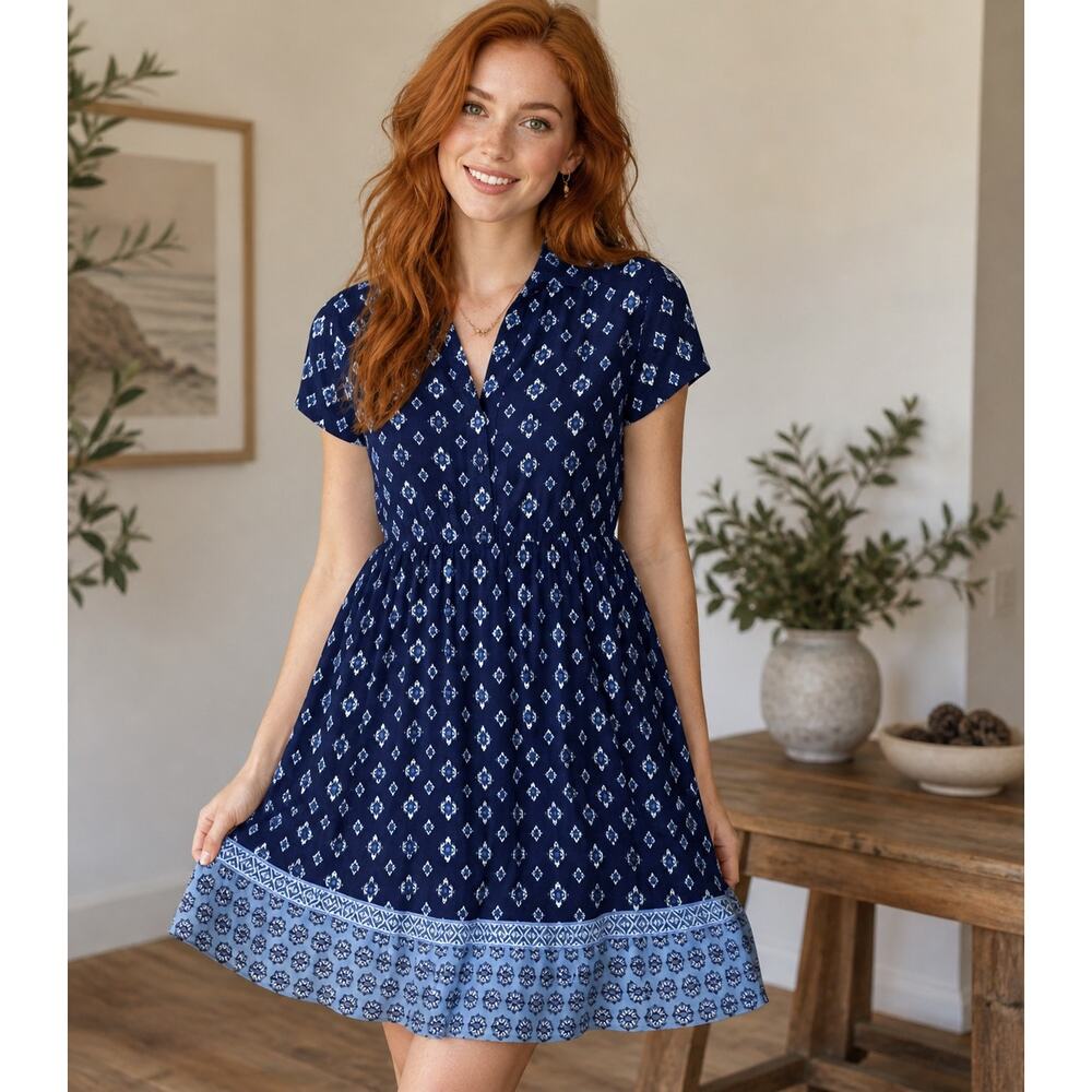 Knox Rose Navy Boho Print Dress Size Small Flowy Tiered Casual Mini